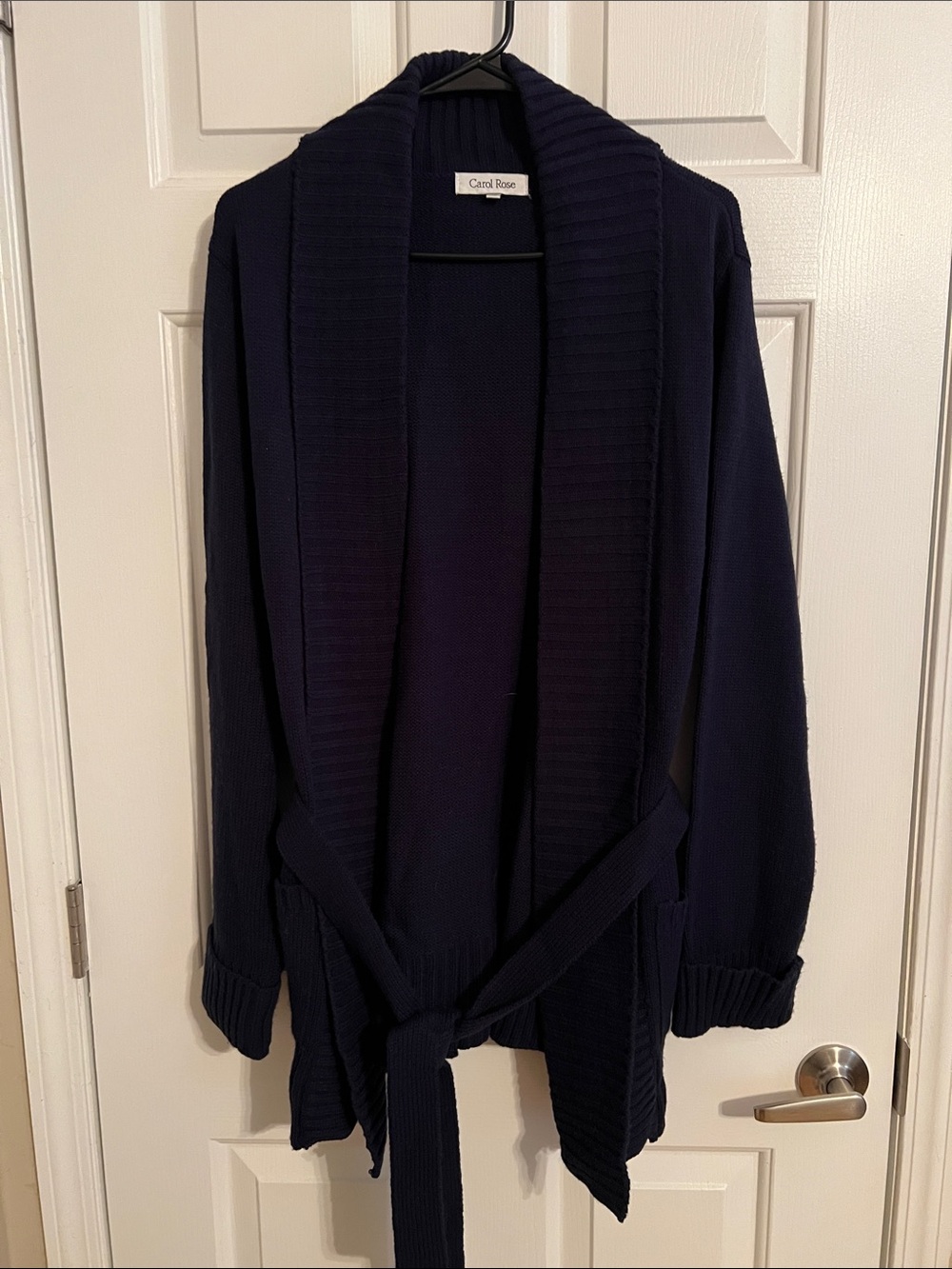 Carol Rose Dark Navy Ribbed Shawl-Collar Cardigan with Belt